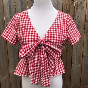 Red and White Gingham Peplum Tie Front Blouse
